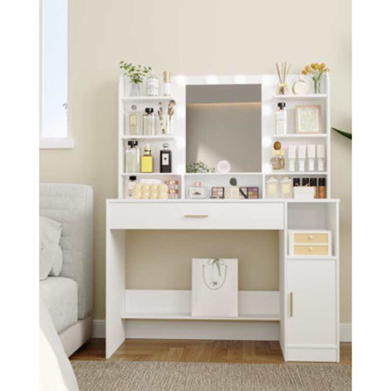 Vanity Desk with Mirror and 10 LED Lights 3 Levels of Adjustable Brightness Dresser Table with Hidden and Open Shelves