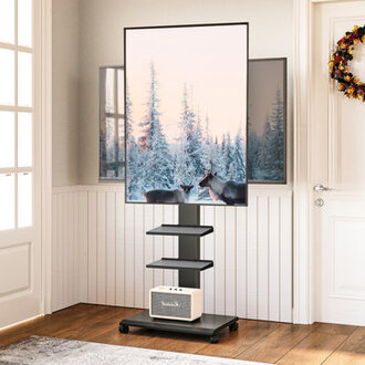 Meuy Rolling TV Stand with Wheels For 32-70 Inch TVs Height Adjustable and Two Shelf TV Console Hold Up To 88 Lbs