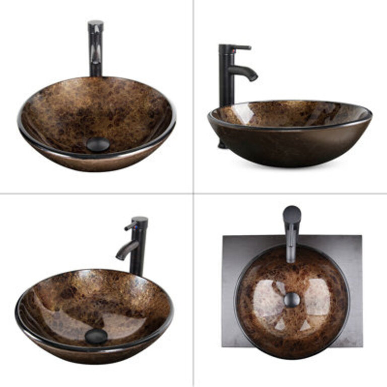 Beyo Brown Tempered Glass Circular Vessel Bathroom Sink with Faucet