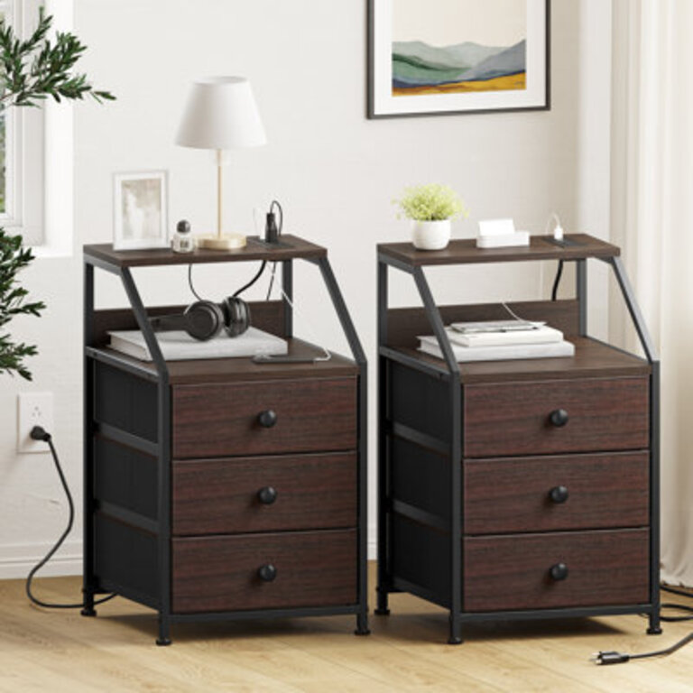 Travison Nightstands with 3 Drawers  Outlets Bedside Tables with 2 USB Ports  2-Tier Open Shelf