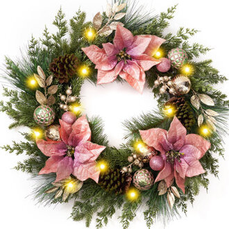 Kaheem 24 Christmas Balls And Pinecorn Pre-Decorated Artificial Pink Poinsettia Flower And Pine Christmas Lighted Wreath