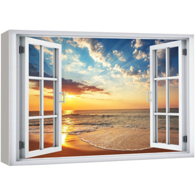 Window Scenery Coastal Vibrant Sunset Beach Shore Nautical Decor Photography on Canvas Print Wall Art