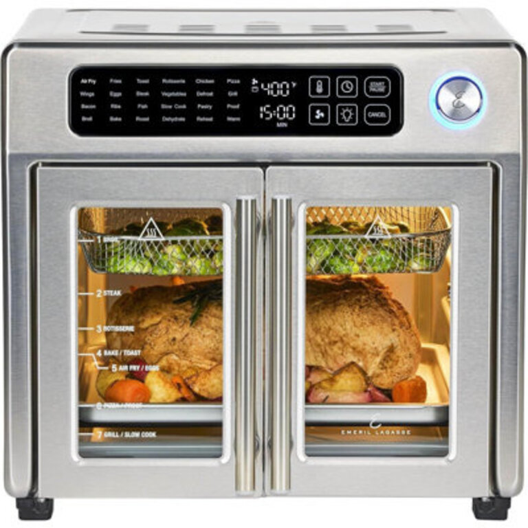 Emeril Lagasse Extra Large French Door Air Fryer Toaster Oven Combo 25 Cooking Functions and Digital Controls 7 Accessories Included Stainless Steel Finish 26QT Capacity