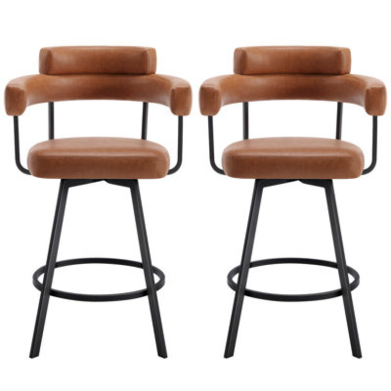 Rozie Swivel Upholstered 26 Faux Leather Counter Stool with Curved Wing Back and Metal Frame