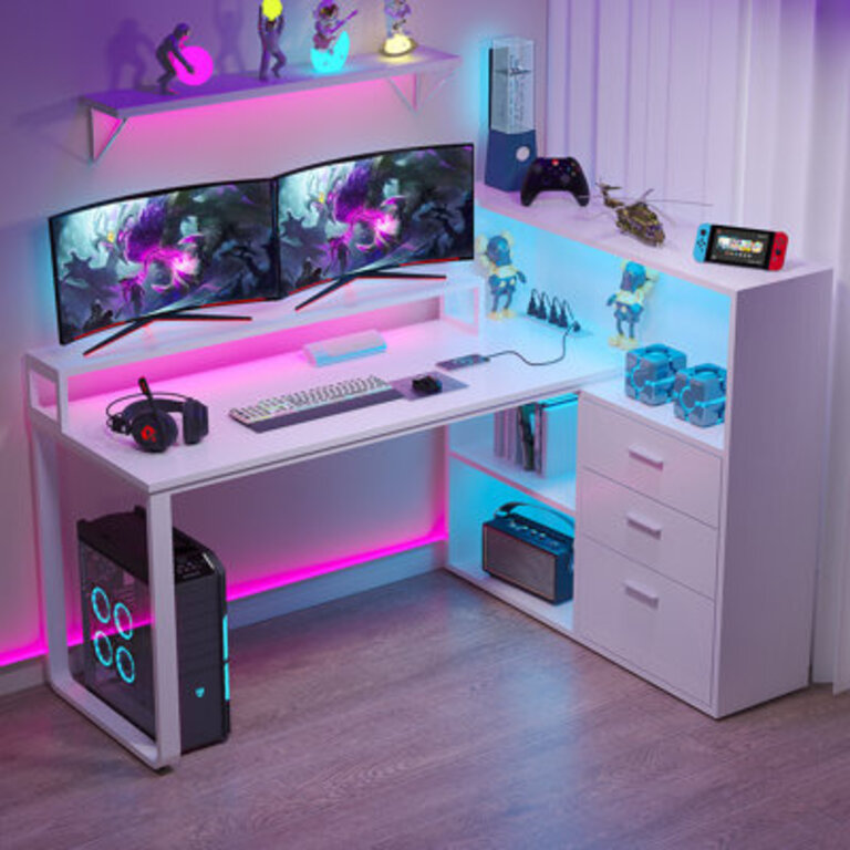 L Shaped Desk With Bookshelf and  Drawer Corner Desk with LED Lights