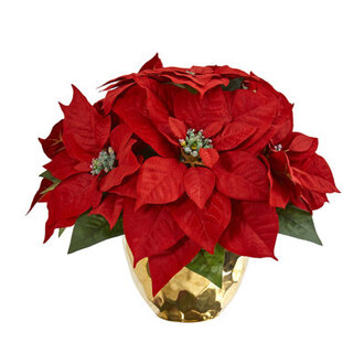 11 Faux Poinsettia Plant in Ceramic Decorative Vase