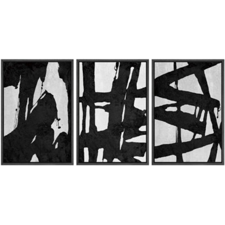 BAW Black And White Grey Paint Strokes Abstract Modern Contemporary Framed Canvas Print Wall Art