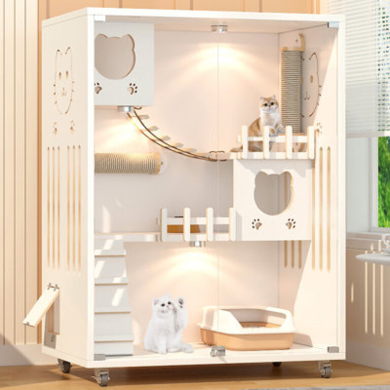 Fidencio Indoor Cat House Wooden Villa for 2 Cats White Enclosure with Ventilation Glass Doors