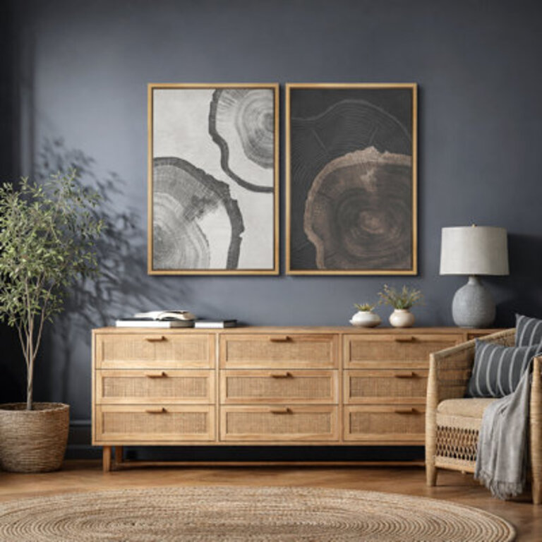 Tree Ring Grey Wood Stump Abstract Neutral Artwork Rustic Farmhouse Cabin Wall Pictures Framed Canvas Giclee Print 2 Pieces Wall Art Set