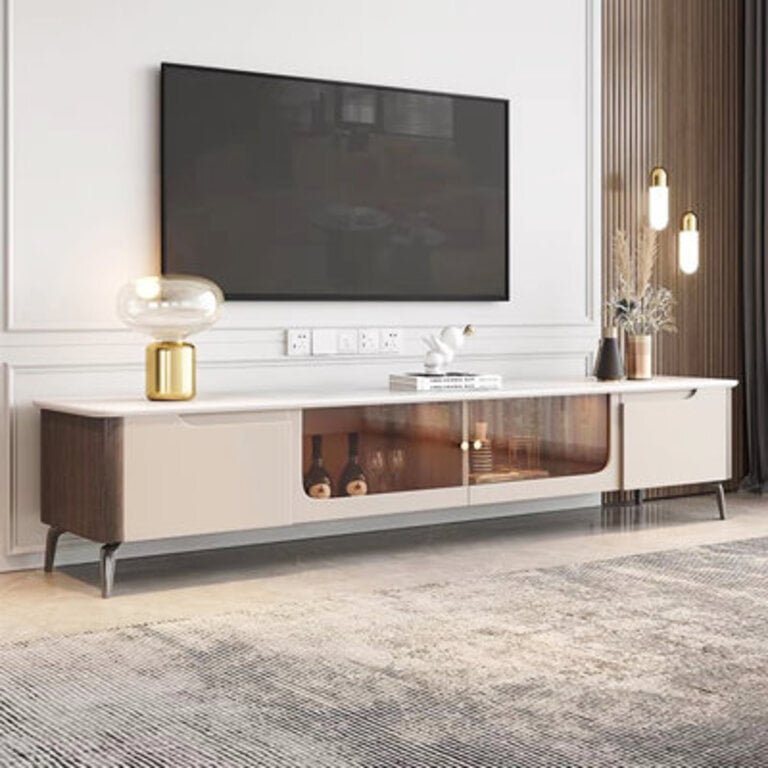 Mandalyn 7874 Mordern TV Stands Media Console with 2 Drawers Tempered glass