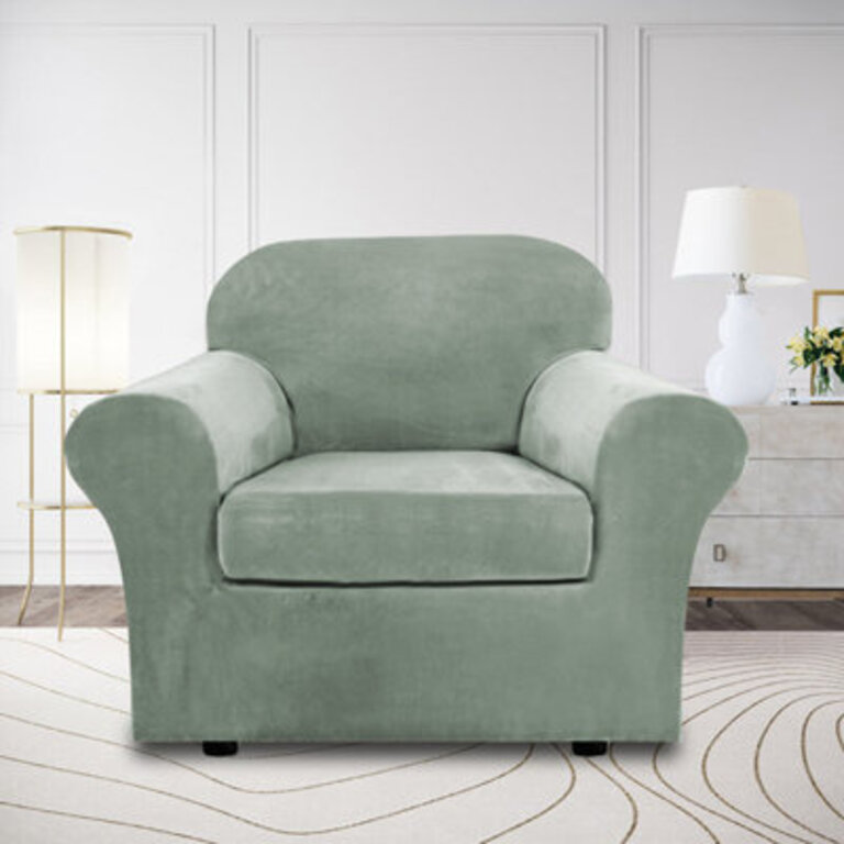 Rich Velvet Stretch 2 Pieces Box Cushion Armchair Slipcover with 1 Cushion Cover Furniture Protector Couch  Machine Washable