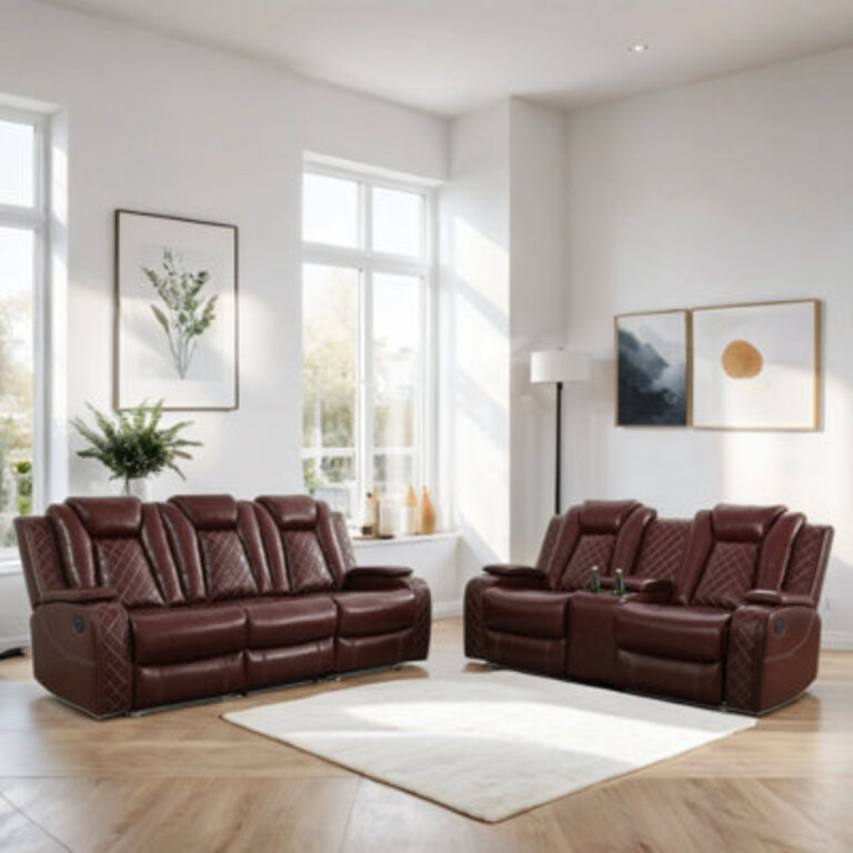 2-Piece Vegan Leather Power Reclining Living Room Sofa Set With Wireless Chargers And LED Lights