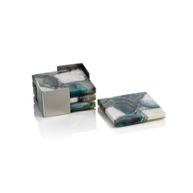 Corfu Square 4 Piece Coaster Set With Holder