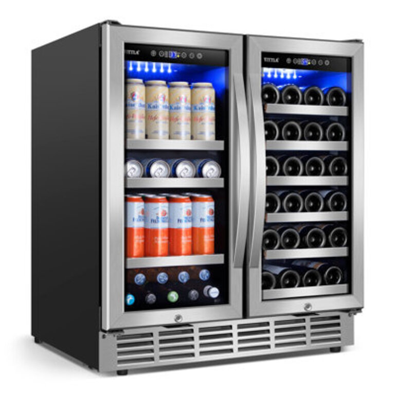 30 Wine and Beverage Refrigerator 33 Bottle  130 Cans Built-in Wine Cooler with Four Handle Dual Zone