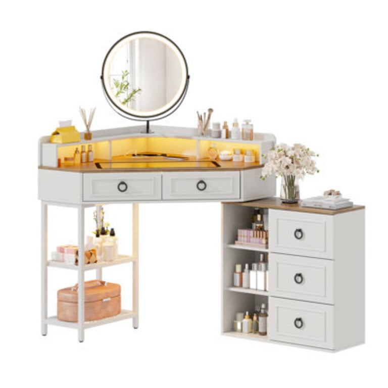 Aggappe Corner Makeup Vanity with LED Mirror and USB Ports
