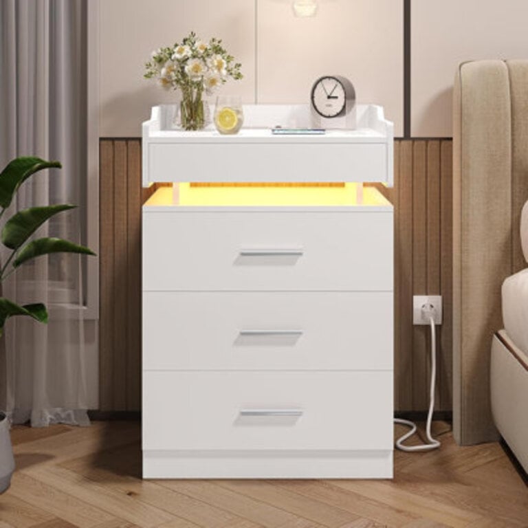 Hellstrom 3 - Drawer Nightstand-Nightstand with Charging Station and LED LightPull-Out ShelfUSB Ports and Outlets