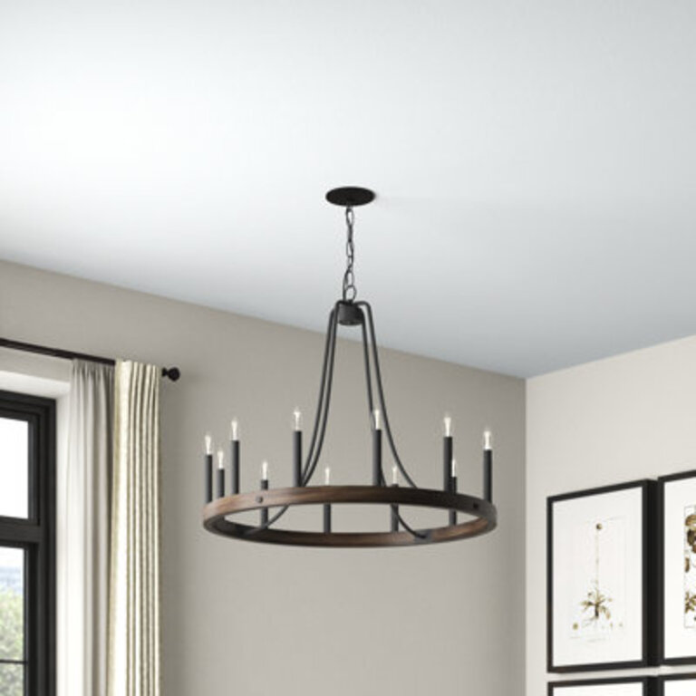 Adriana 12-Light Dimmable Steel Wagon Wheel Chandelier with Sloped Ceiling Adapter