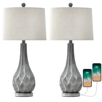 2775Pure Gray Resin Table Lamp with USB Charging Suitable for Living Room Bedroom and Study Room