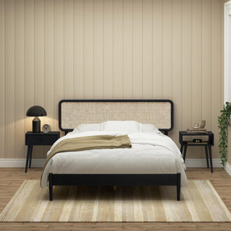 NTC Lupin Wooden Bed Frame with Headboard and Natural Rattan Solid OakRubber Wood Foundation