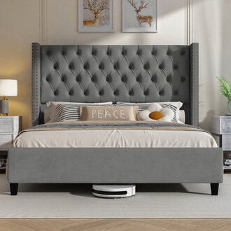 Duluth Upholstered Wingback Bed with Tall Tufted Headboard and Nailhead Trim