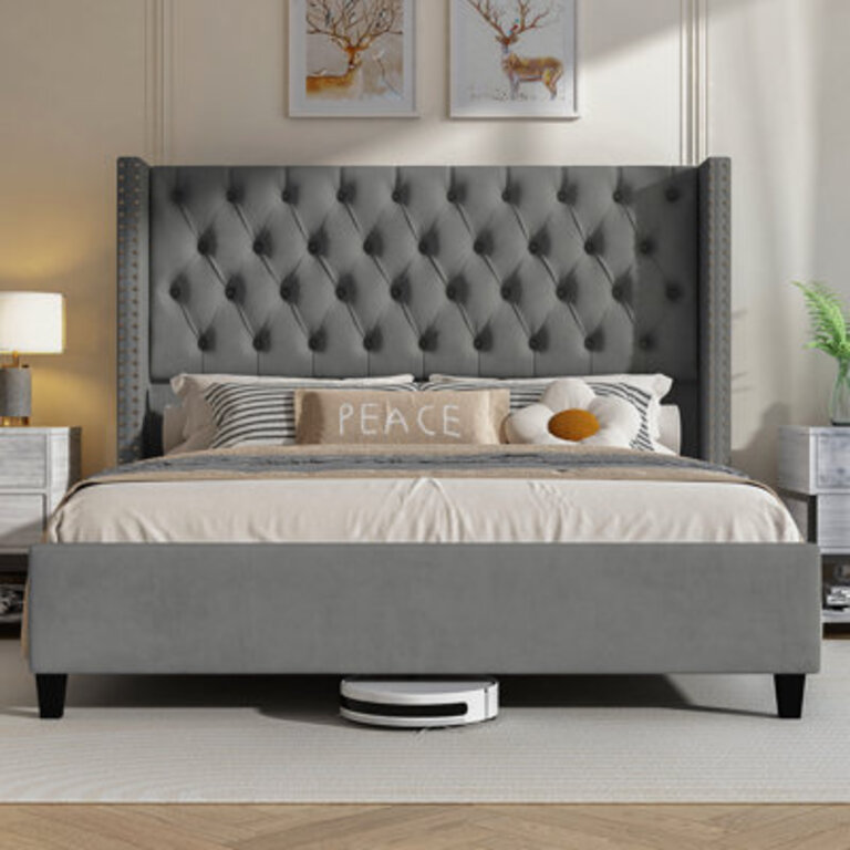 Duluth Upholstered Wingback Bed with Tall Tufted Headboard and Nailhead Trim