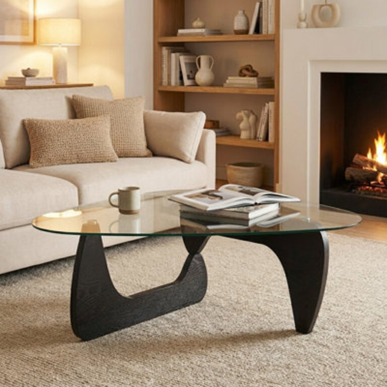 165 H Modern Triangle Glass Coffee Table with Solid Wood Base