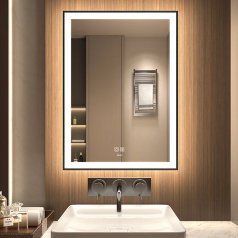 LED Black Framed Bathroom Vanity Mirror Illuminated Dimmable Anti Fog Makeup Mirror 3 Color Light