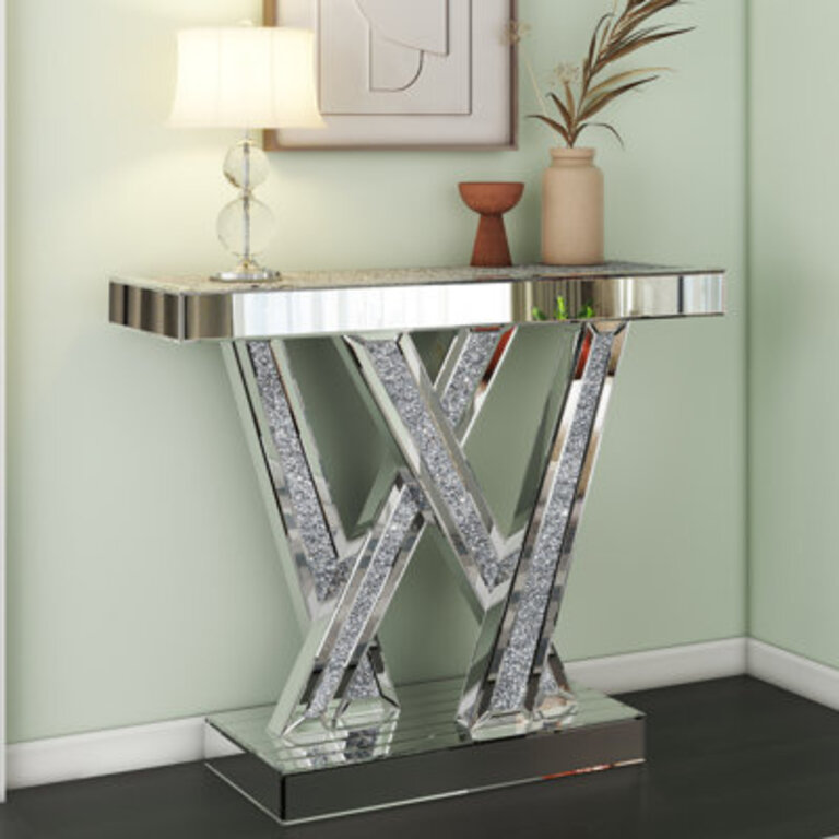 Amla Mirrored Glass Console Table UltraModern Contemporary Glam Stylish