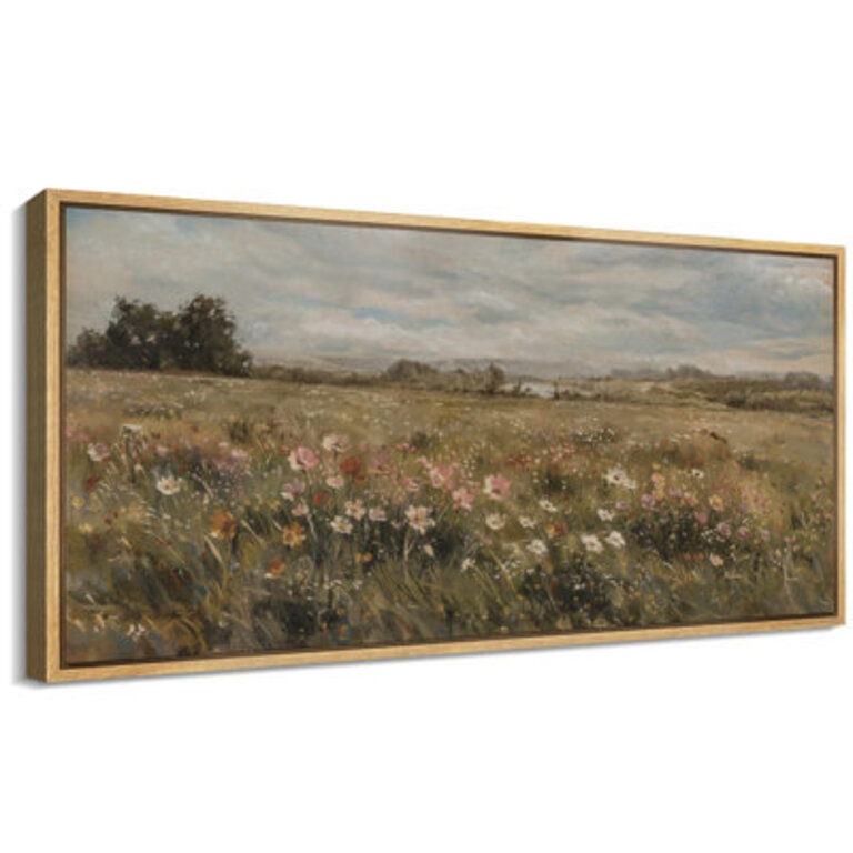 Countryside Wildflowers Landscape Rustic French Artwork - Extra Large Framed Wall Art Canvas Print