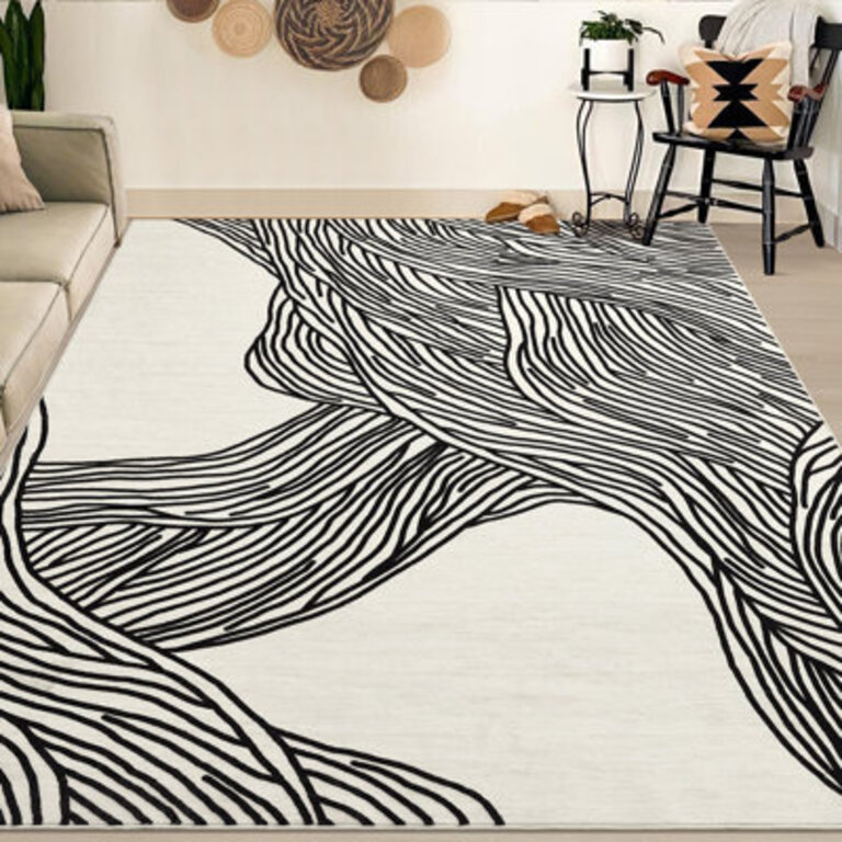 Washable Indoor Modern Abstract Area Rug Soft Low Pile Contemporary Throw Carpet Mat for Home Decor_White Black