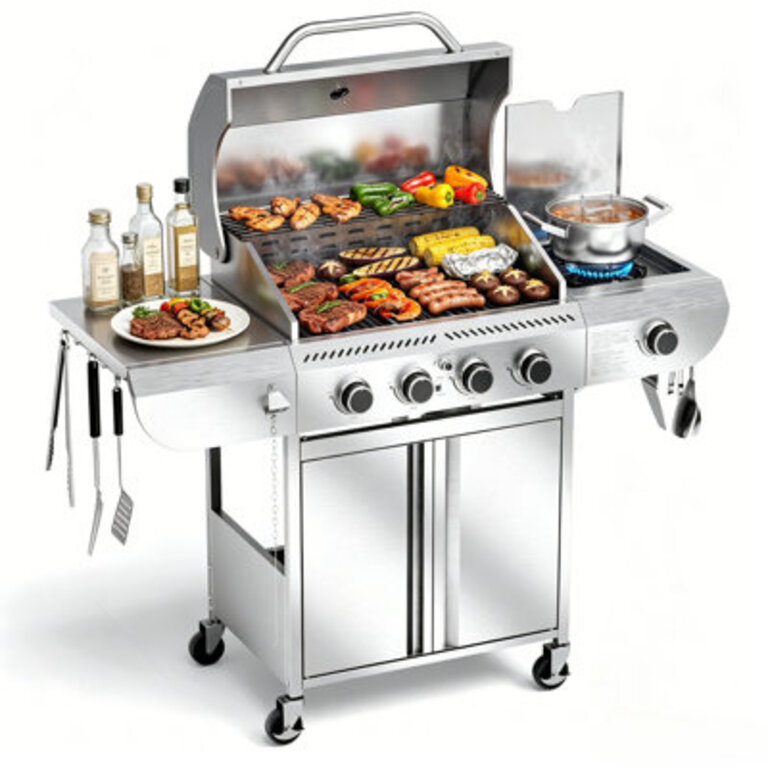 RWFlame Burners 34000 Btu Lp Gas Grill with Side Burner for Outdoor Garden Patio Backyard Barbecue Cooking