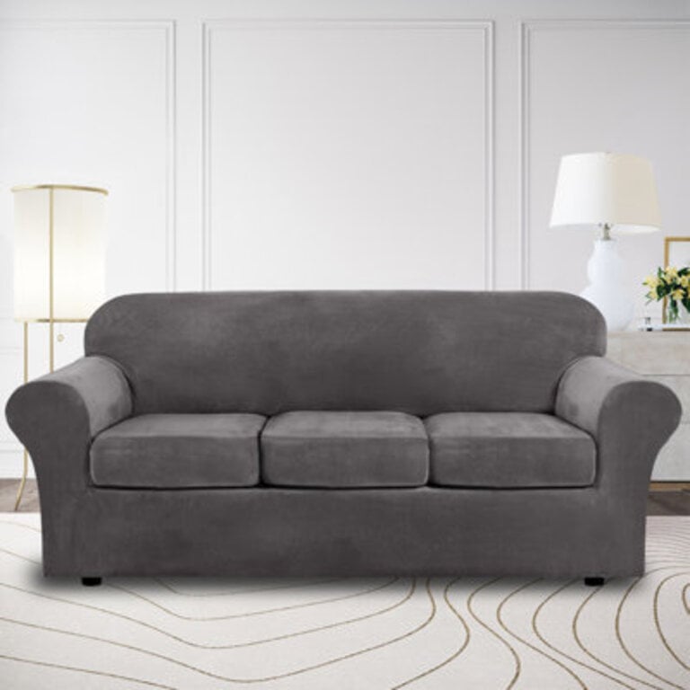 Modern Soft Velvet Plush 4 Piece High Stretch Sofa Slipcover Furniture Protector Luxury Thick Velvet Sofa Cover for 3 Cushion Couch Machine Washable