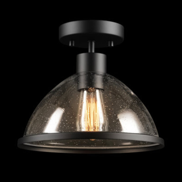 1-Light Outdoor Flush Mount Ceiling Light Matte Black Seeded Glass Shade Weather Resistant