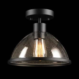 1-Light Outdoor Flush Mount Ceiling Light Matte Black Seeded Glass Shade Weather Resistant