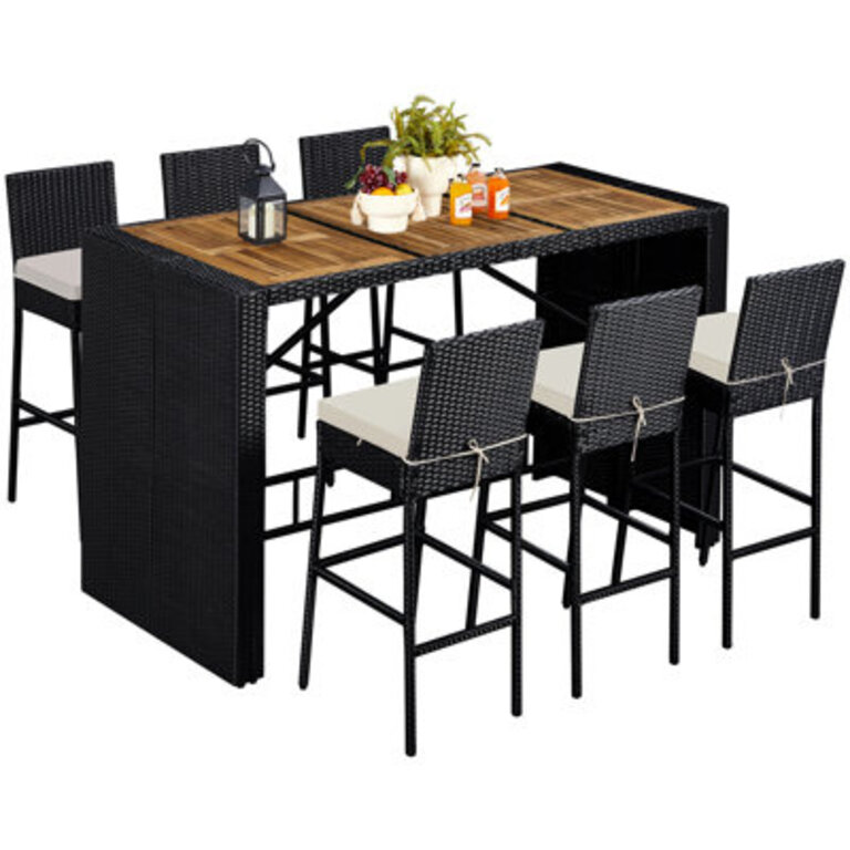 Aybars 7-Piece Patio Rattan Furniture with Wood Tabletop  Removable Cushions