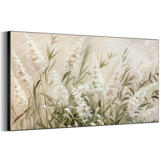 Extra Large Wall Art Fabric Print - Neutral Grass and White Flower Illustrations Artwork Decor for Living Room or Bedroom - Frame Assembly Required Unfinished Frame