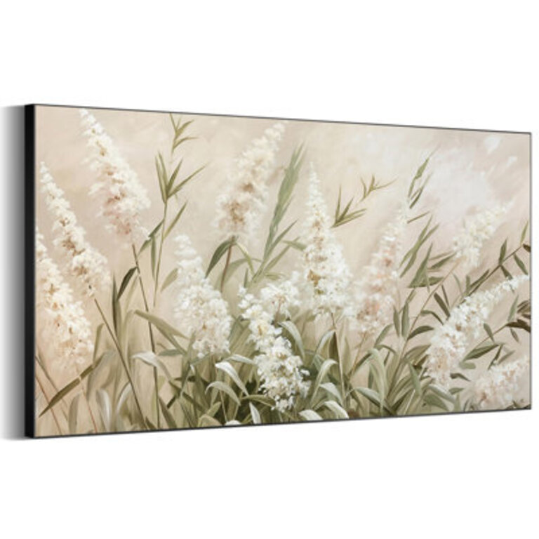 Extra Large Wall Art Fabric Print - Neutral Grass and White Flower Illustrations Artwork Decor for Living Room or Bedroom - Frame Assembly Required Unfinished Frame