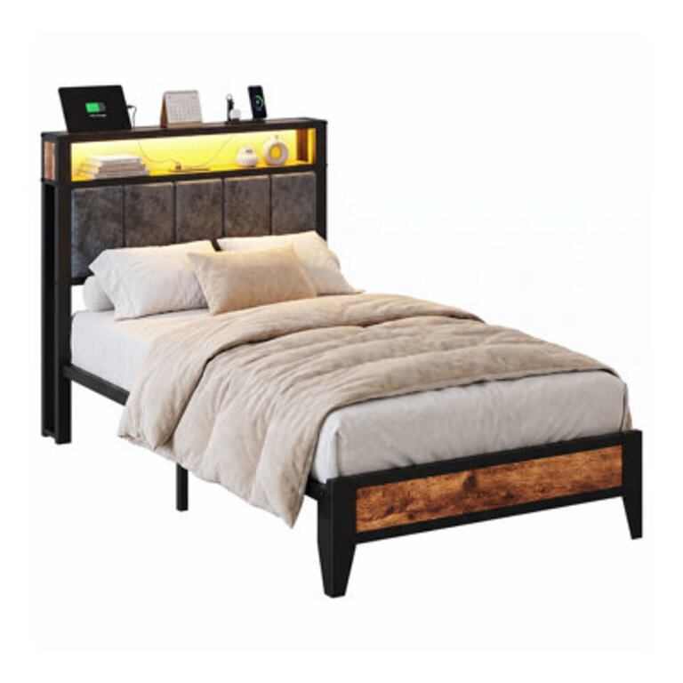 Keneka Metal Platform Bed with Storage Headboard LED Lights and Charging Station