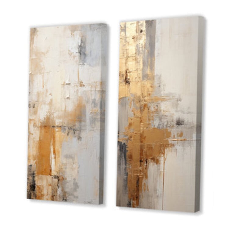 Gold And Beige Soft Fusion - Abstract Collages Canvas Art Print Set Of 2