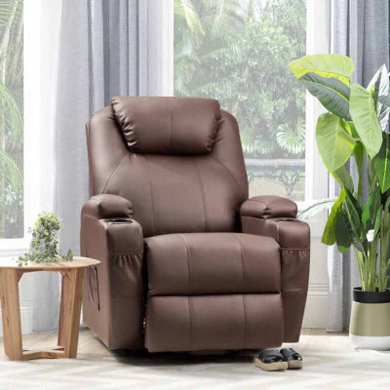 Power Lift Recliner Chair PU Leather with Massage for Elderly Ergonomic Lounge Chair Classic Single Sofa with 2 Cup Holders Side Pockets Home Theater Seat