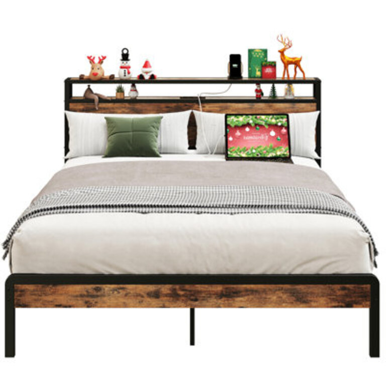 Wood & Metal Platform Bookshelf Bed With Power Outlets