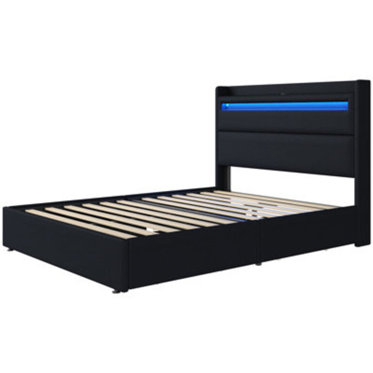 Berneil Upholstered Bed Frame with RGBW LED Lights Headboard & 4 Storage Drawers