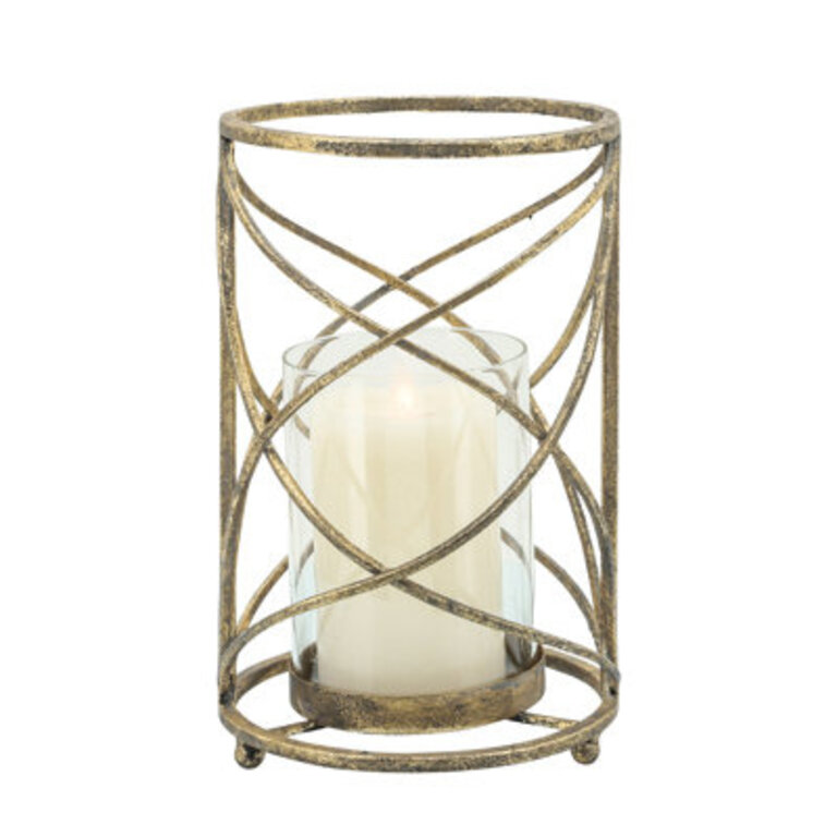 Metal and Glass Pillar Candle Holder with Openwork Geometric Frame - Decorative Accent for Modern and Glam Spaces