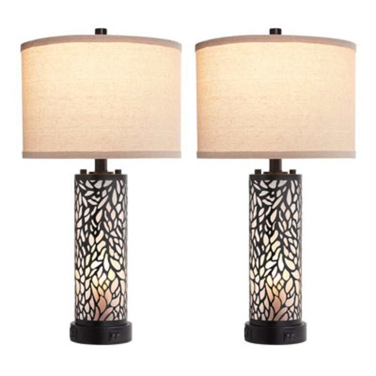 Hendrike 25" Carved Metal+Glass Table Lamp Set With Night Light And USB Ports