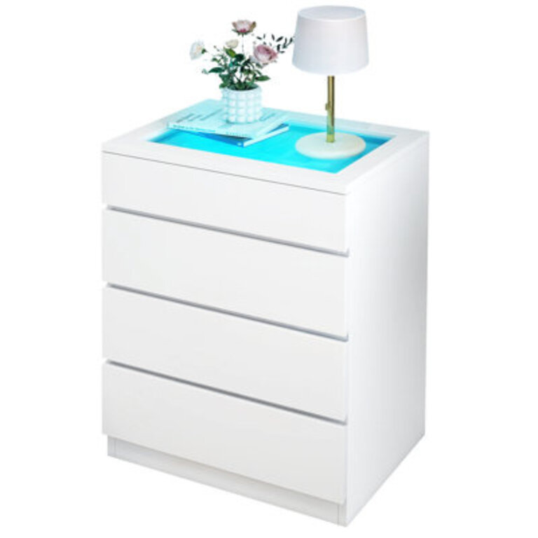 LED Modern 4 Drawer Chest High Gloss Surface White Dresser With Tempered Glass Top, Storage Organizer Cabinet
