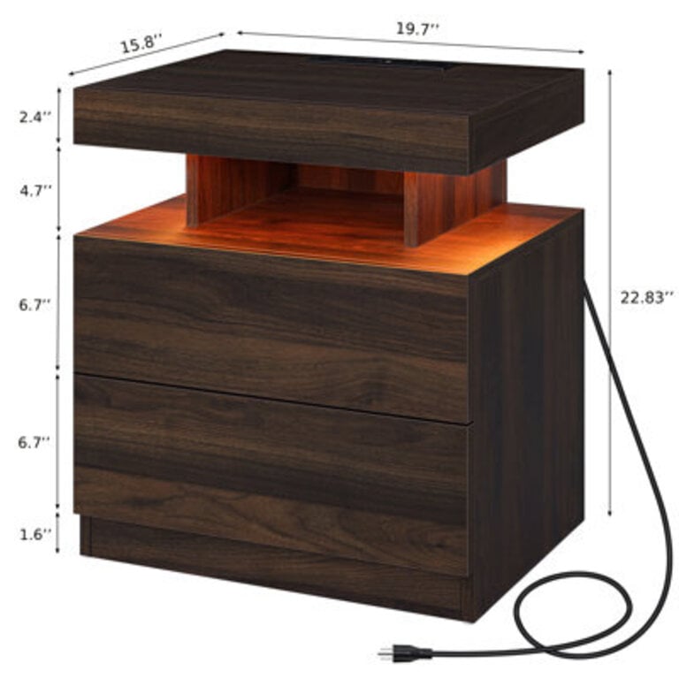 Brenard Manufactured Wood Nightstand with Wireless Charging Station, LED Light and 2 Drawers