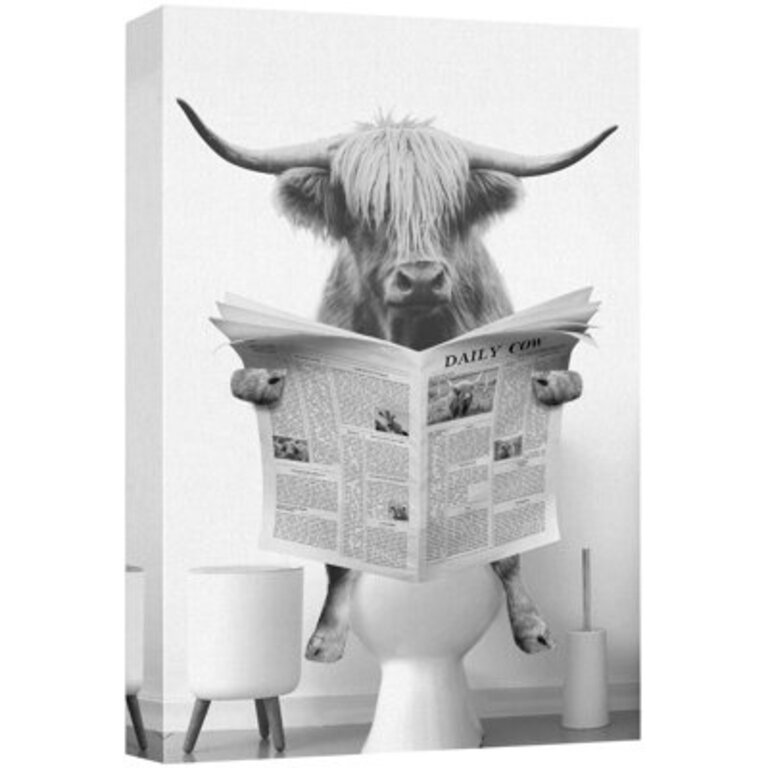 Animals Funny Bathroom Decor Black and White Highland Cow Sit On Toilet Large Framed Canvas Print Wall Art