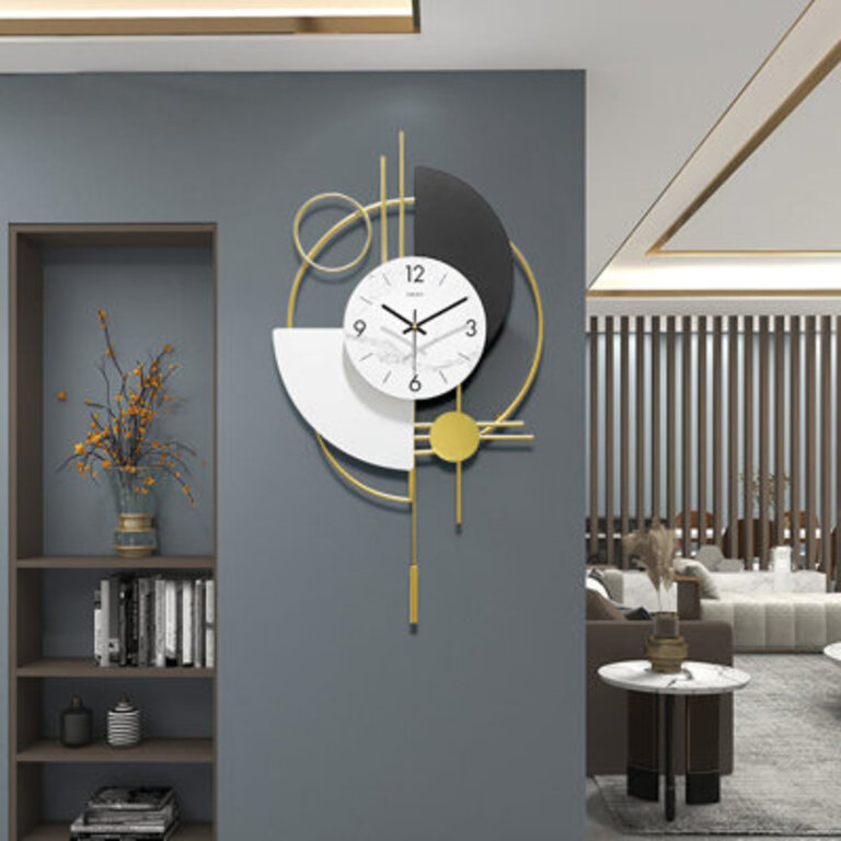 Eustace Wall Clocks for Living Room, 3D Gold Pendulum Geometric Mute Metal Digital Home Clock