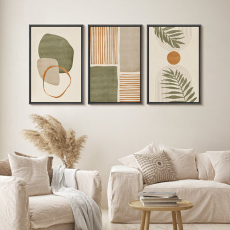 Mid Century Modern Boho Organic Tropical Leaf Abstract  Framed Canvas 3 Pieces Print Wall Art