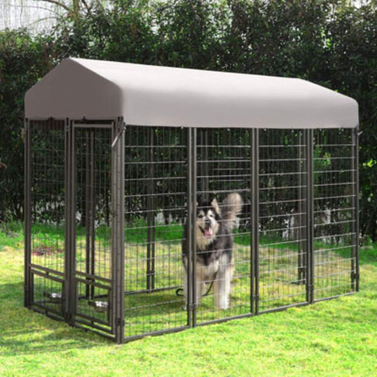 Outdoor Dog Kennel with Rotating Feeding Door, Stainless Bowls and Upgraded Polyester Roof